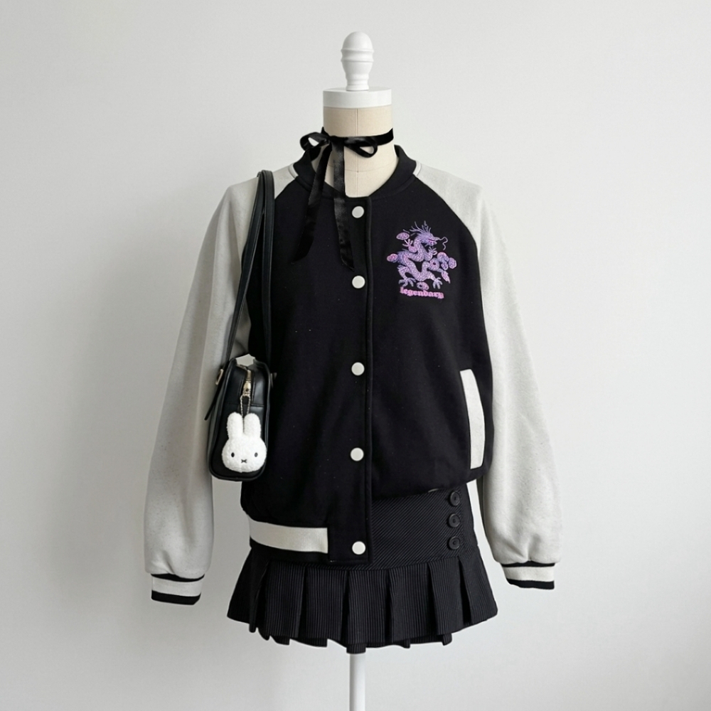 Streetwear Society Black And White Varsity Jacket With Dragon Print
